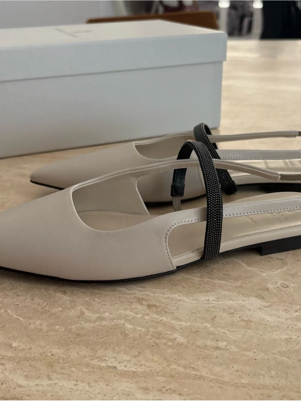 Brunello Cucinelli Pointed Slingback Flats in Light Gray with Black Strap